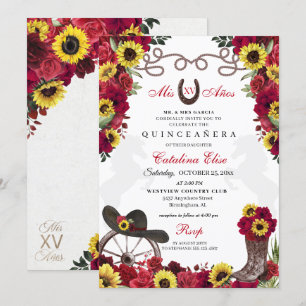 Red Roses Sunflowers Cowgirl Quinceanera Invitation
