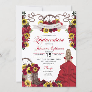 Red Roses Sunflowers Cowgirl Western Quinceanera Invitation