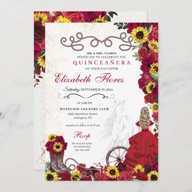 Red Roses Sunflowers Cowgirl Western Quinceanera Invitation (Front/Back)