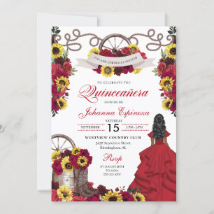 Red Roses Sunflowers Cowgirl Western Quinceanera Invitation