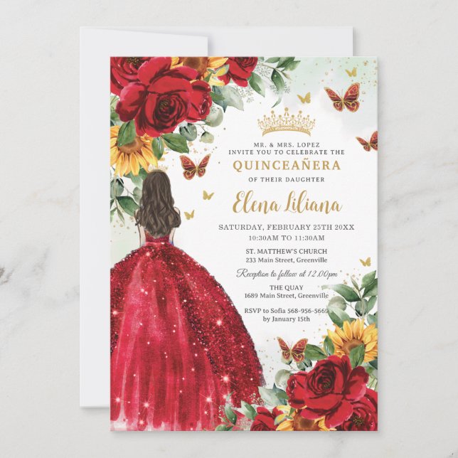Red Roses Sunflowers Floral Quinceañera Sweet 16 Invitation (Front)