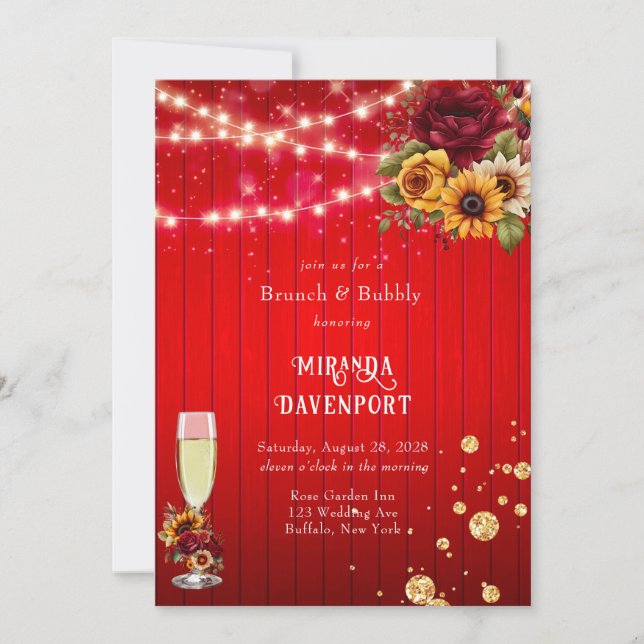 Red roses sunflowers light glitter brunch & bubbly invitation (Front)
