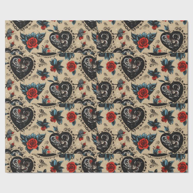 Red Roses Tattoo Hearts Digital Theme Wrapping Paper (Seam)
