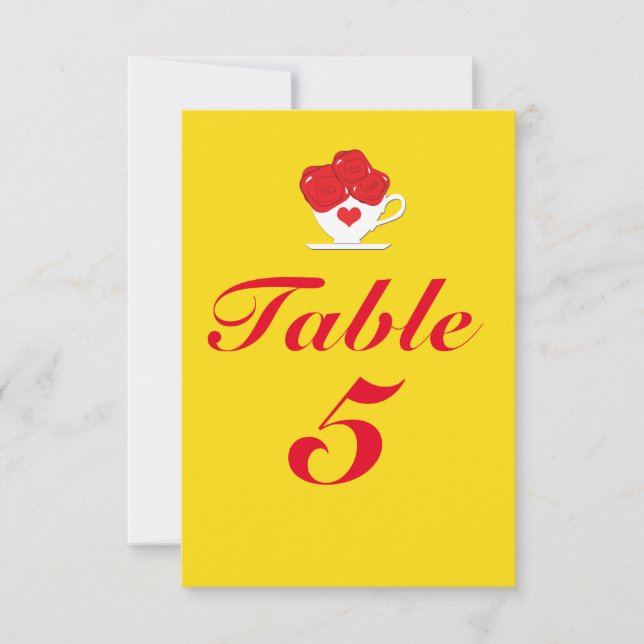 Red Roses Tea Cup Yellow Party Table Number Card (Front)