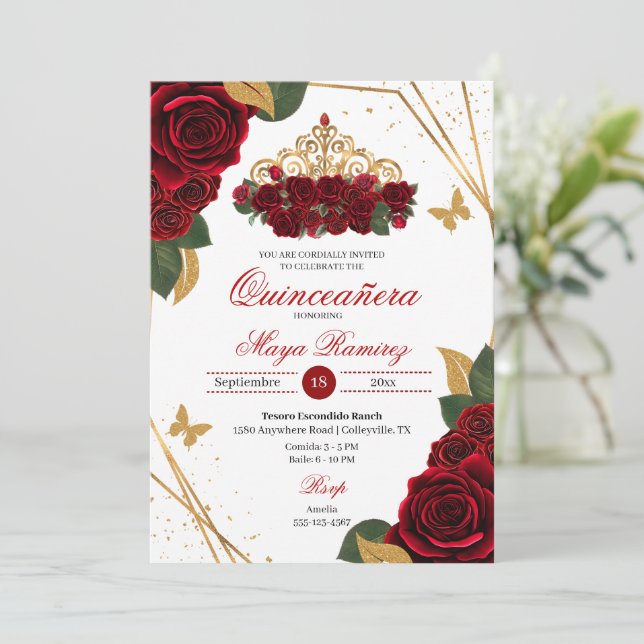 Red Roses Tiara Gold Glitter Quinceañera  Invitation (Standing Front)