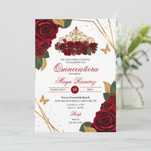 Red Roses Tiara Gold Glitter Quinceañera Invitation