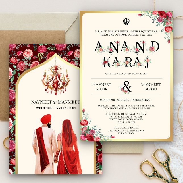 Red Roses Typography Anand Karaj Sikh Wedding Invitation (Creator Uploaded)
