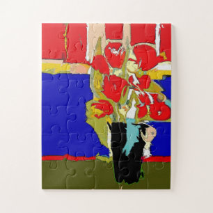 Red Roses Vase  Art Deco Jigsaw Puzzle