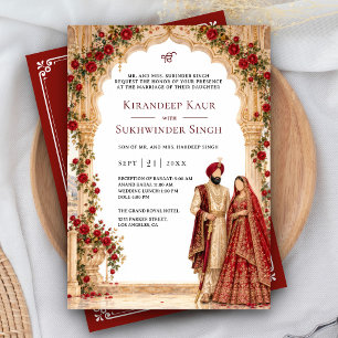 Red Roses Vintage Arch Sikh Wedding Invitation