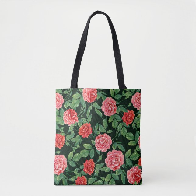 Red Roses Vintage Black Pattern Tote Bag (Front)