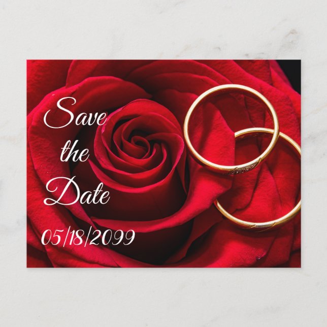 Red Roses w Wedding Rings Save the Date Announcement Postcard (Front)