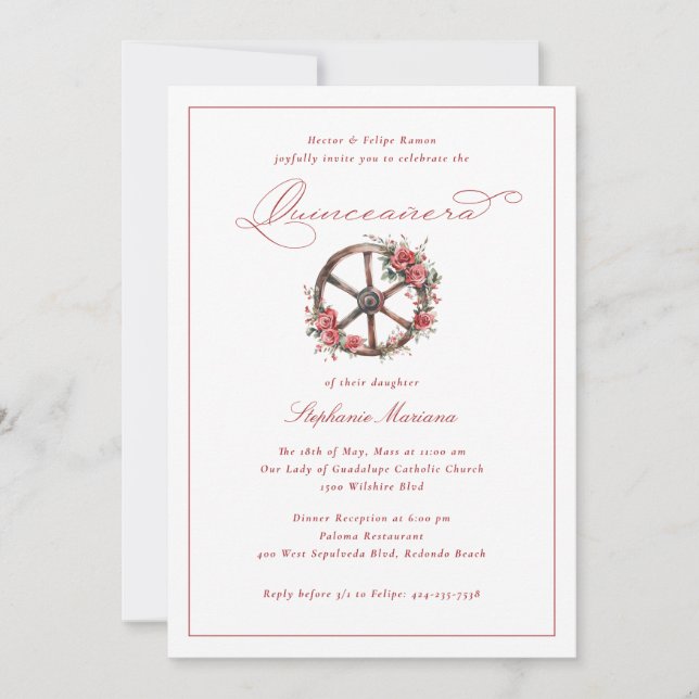 Red Roses wagon Wheel Elegant Charro Quinceañera Invitation (Front)