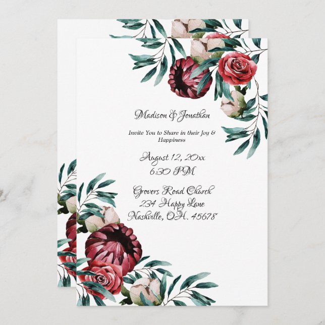 Red Roses Watercolor Elegant Script Wedding Invitation (Front/Back)