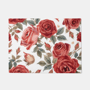 Red Roses Watercolor Floral Botanical Painted Doormat