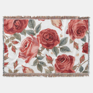 Red Roses Watercolor Floral Botanical Painted Throw Blanket