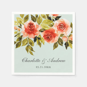 Red Roses Watercolor Mint Green Wedding Napkin