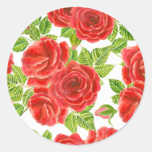 Red roses watercolor seamless pattern classic round sticker