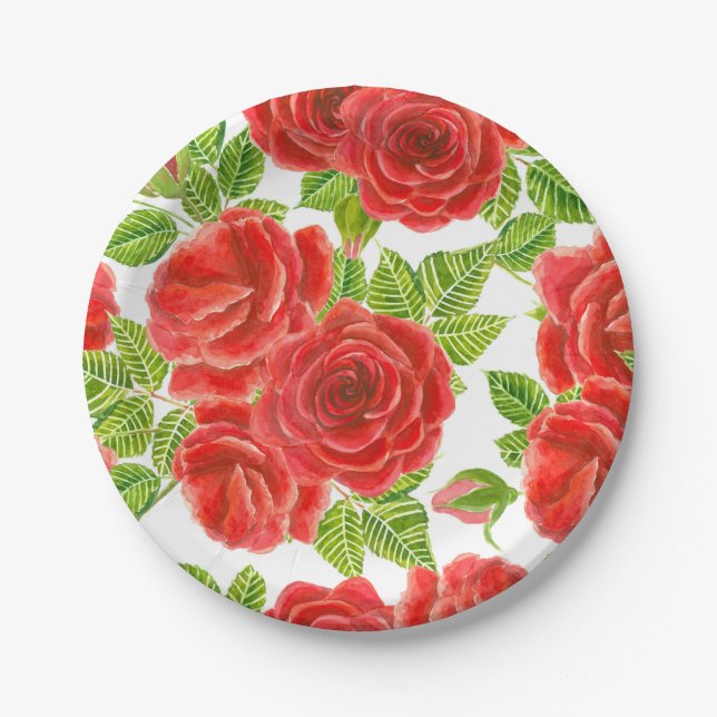 Red roses watercolor seamless pattern paper plate (Front)