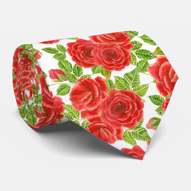 Red roses watercolor seamless pattern tie (Rolled)