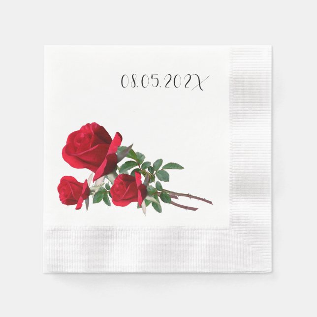 Red Roses Wedding Date Napkins (Front)