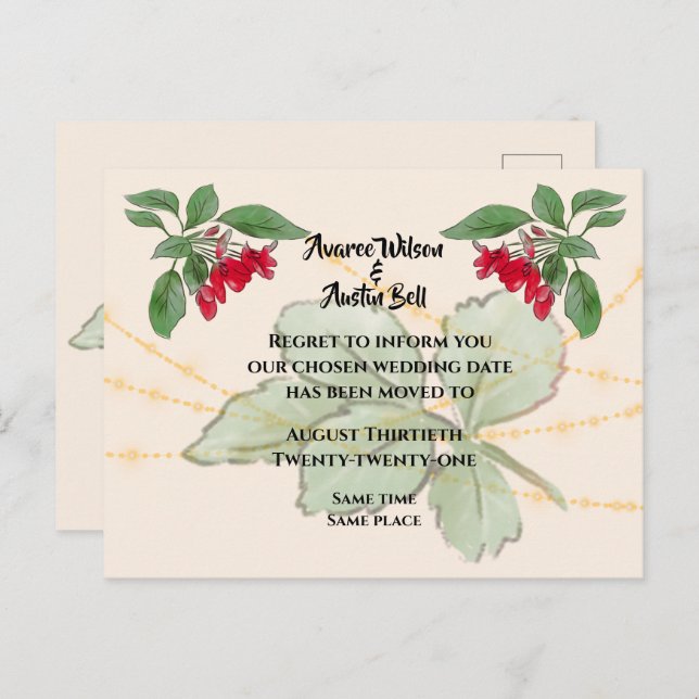 Red Roses Wedding Postponement Announcement Postcard (Front/Back)