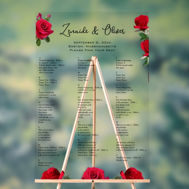 Red Roses Wedding Seating Chart Acrylic Sign (Neutral)