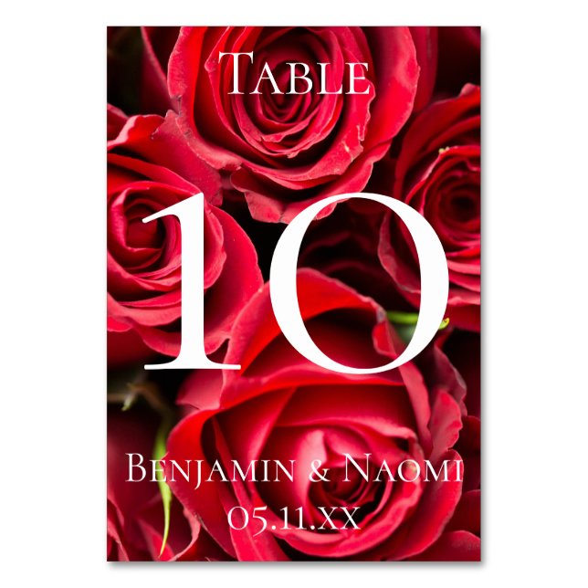 Red Roses Wedding Table Number Cards (Front)