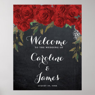 Red roses wedding welcome reception sign poster