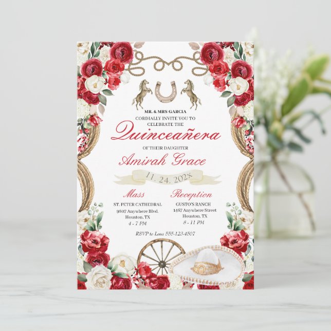 Red Roses Western Charro Cowgirl Quinceañera Invitation (Standing Front)