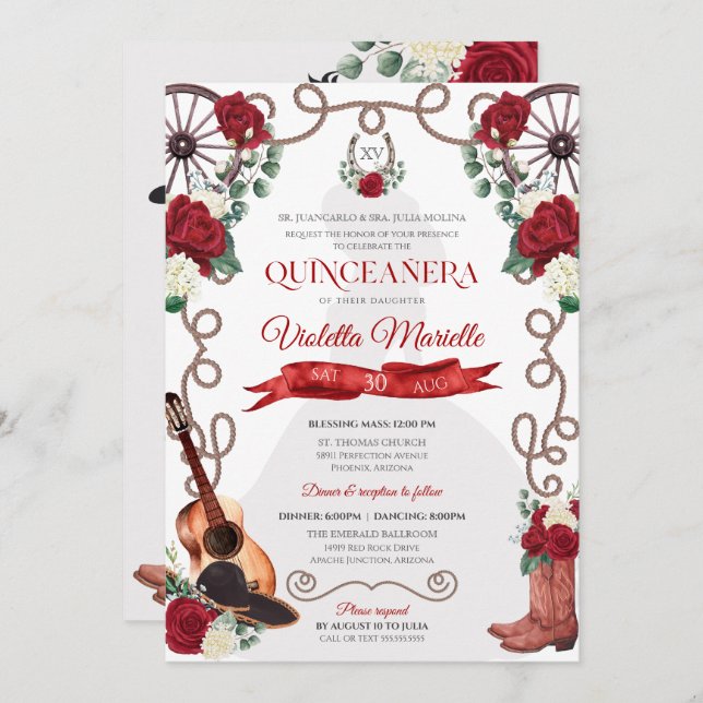 Red Roses Western Quinceañera Elegant Charro Invitation (Front/Back)