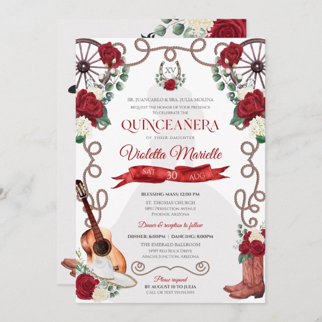Red Roses Western Quinceanera Elegant Charro Invitation (Front/Back)