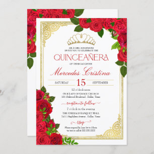 Red Roses White and Gold Elegant Quinceañera Invitation