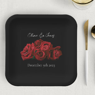 Red Roses White Black Elegance Timeless Paper Plate
