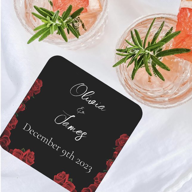 Red Roses White Black Elegance Timeless  Square Paper Coaster (Creator Uploaded)