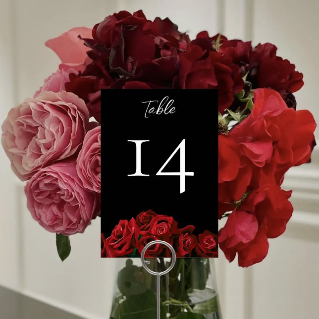 Red Roses White Black Elegance Timeless Wedding Table Number (Creator Uploaded)
