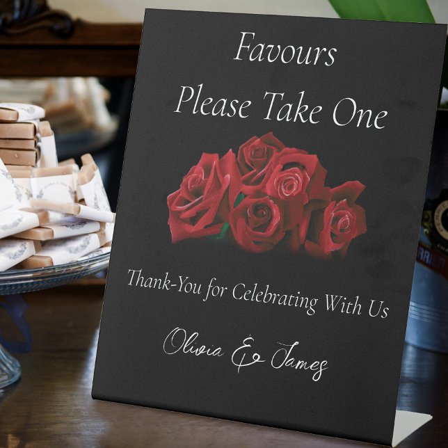 Red Roses White Black Elegance  Wedding Favours Pedestal Sign (Creator Uploaded)