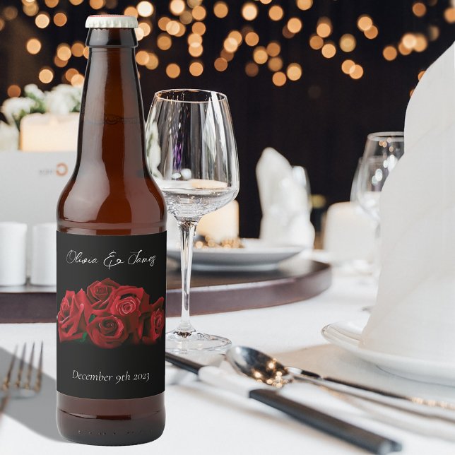 Red Roses White Black Wedding Beer Bottle Label (Creator Uploaded)