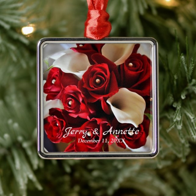 Red Roses White Calla Lily Floral Flowers Custom Metal Ornament (Tree)