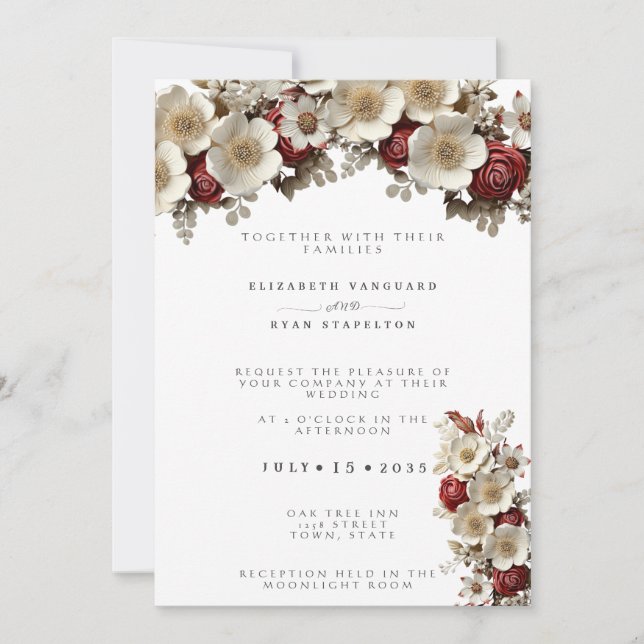 Red Roses White Dogwood Flowers, Elegant Wedding Invitation (Front)