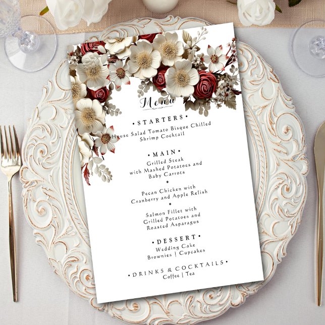Red Roses White Dogwood Flowers, Elegant Wedding Menu (Creator Uploaded)