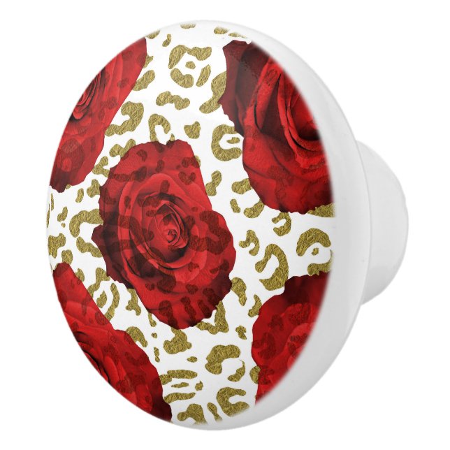 Red Roses White Gold Cheetah Leopard Animal Print Ceramic Knob (Right)