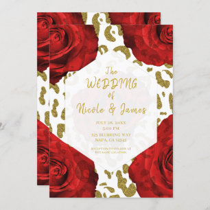 Red Roses White Gold Cheetah Leopard Chic Wedding Invitation