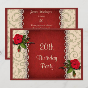 Red Roses & White Lace 20th Birthday Party Invitation