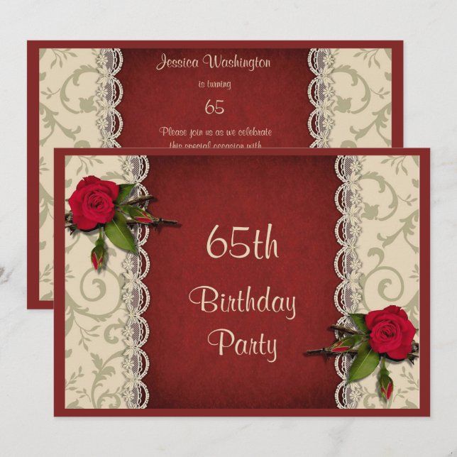 Red Roses & White Lace 65th Birthday Party Invitation (Front/Back)