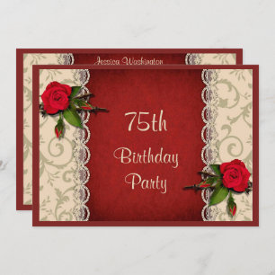 Red Roses & White Lace 75th Birthday Party Invitation