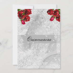 Red Roses White Lace Hearts Stars Quinceanera  Invitation