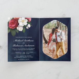 Red Roses White Magnolia Navy Blue QR Code Wedding Invitation