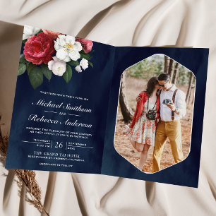 Red Roses White Magnolia Navy Blue QR Code Wedding Invitation