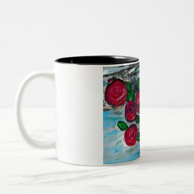 Red Roses With Blue Bird  Two-Tone Coffee Mug (Left)
