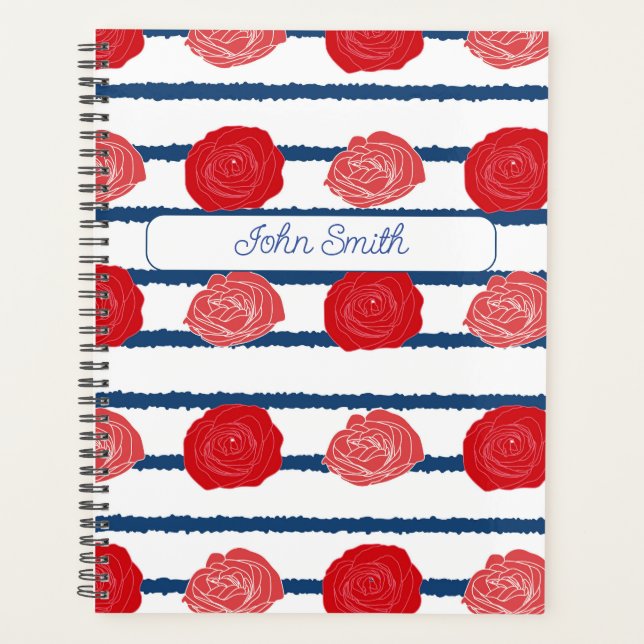Red Roses with Blue Stripes_ Floral Pattern Script Planner (Front)